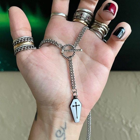 Set ! White & black crosses Lariat Y shape coffin necklace + matching earrings - Picture 10 of 15